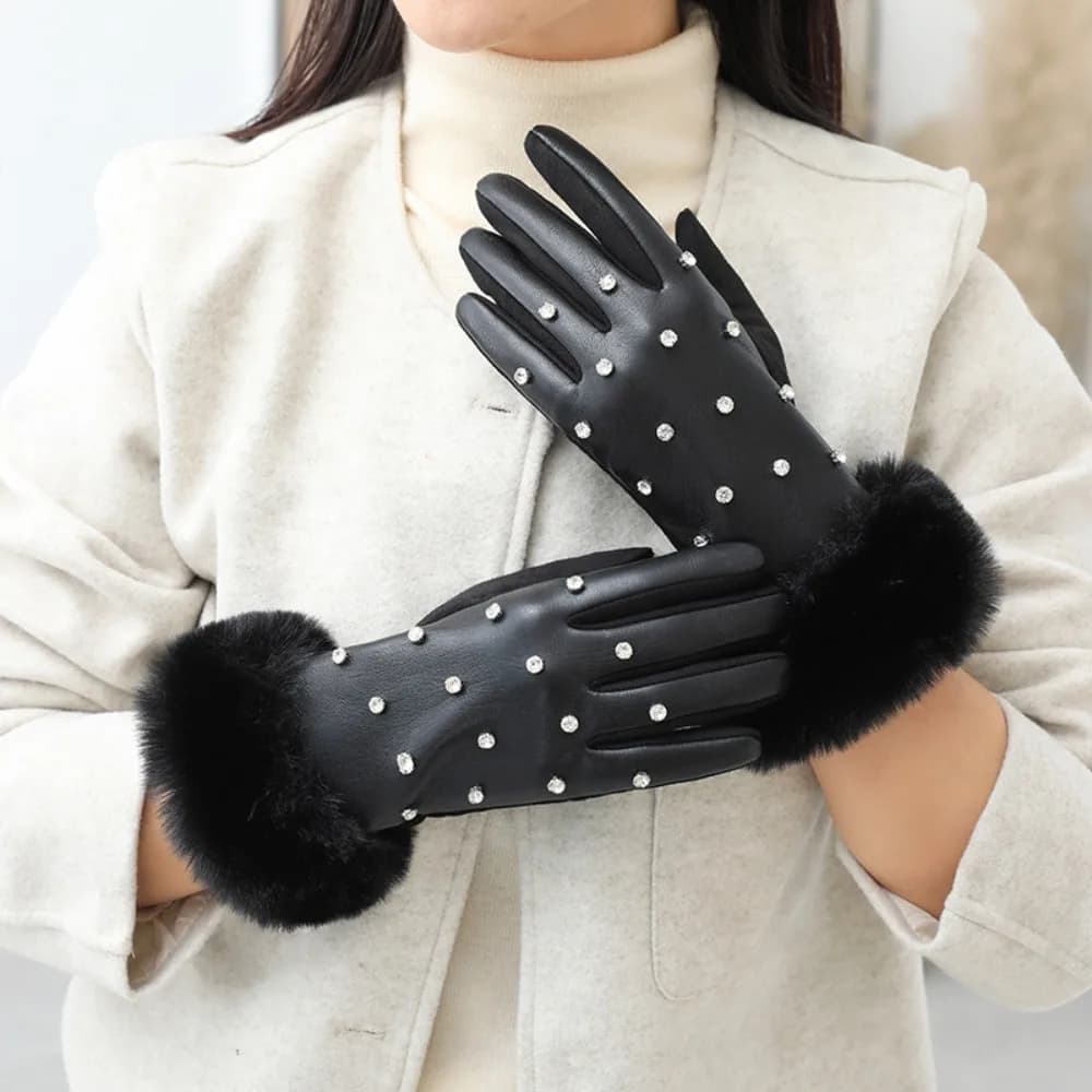Guanti Invernali in Velluto con Strass, Guanti in Pelle PU Spessi e Caldi, Touch Screen, per Donne, Ideali per Ciclismo