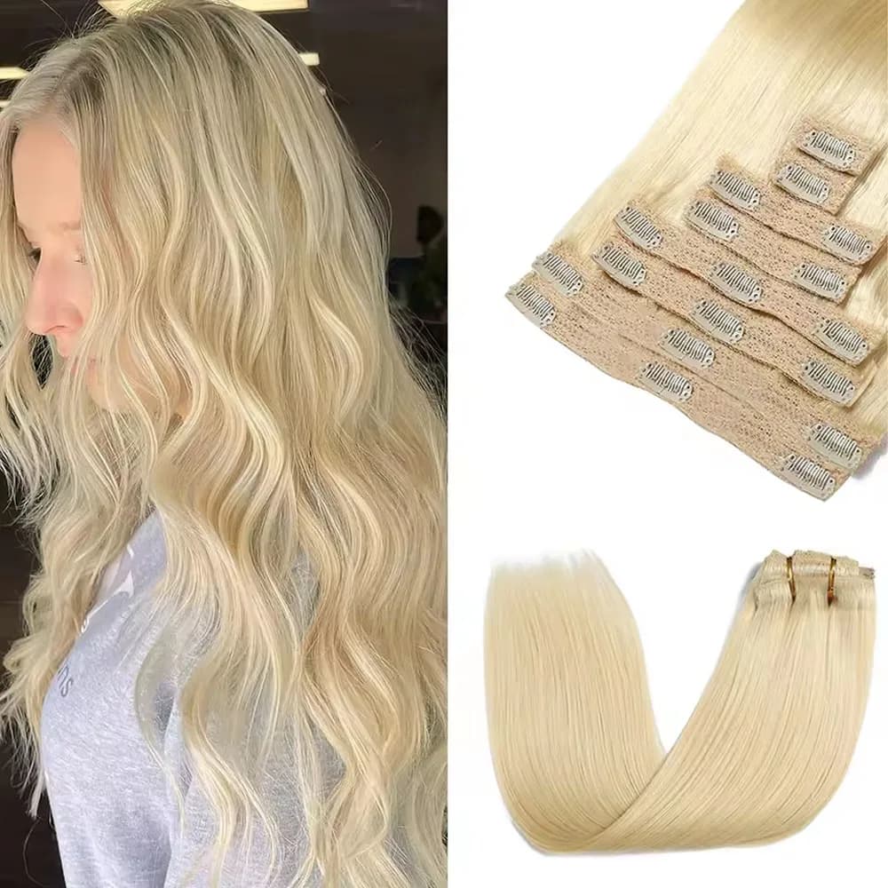 Clips in Hair Extensions 8 Pieces Hair Extensions Human Hair Clips Straight # 613 Human Hair Clips in Extensions 100g
