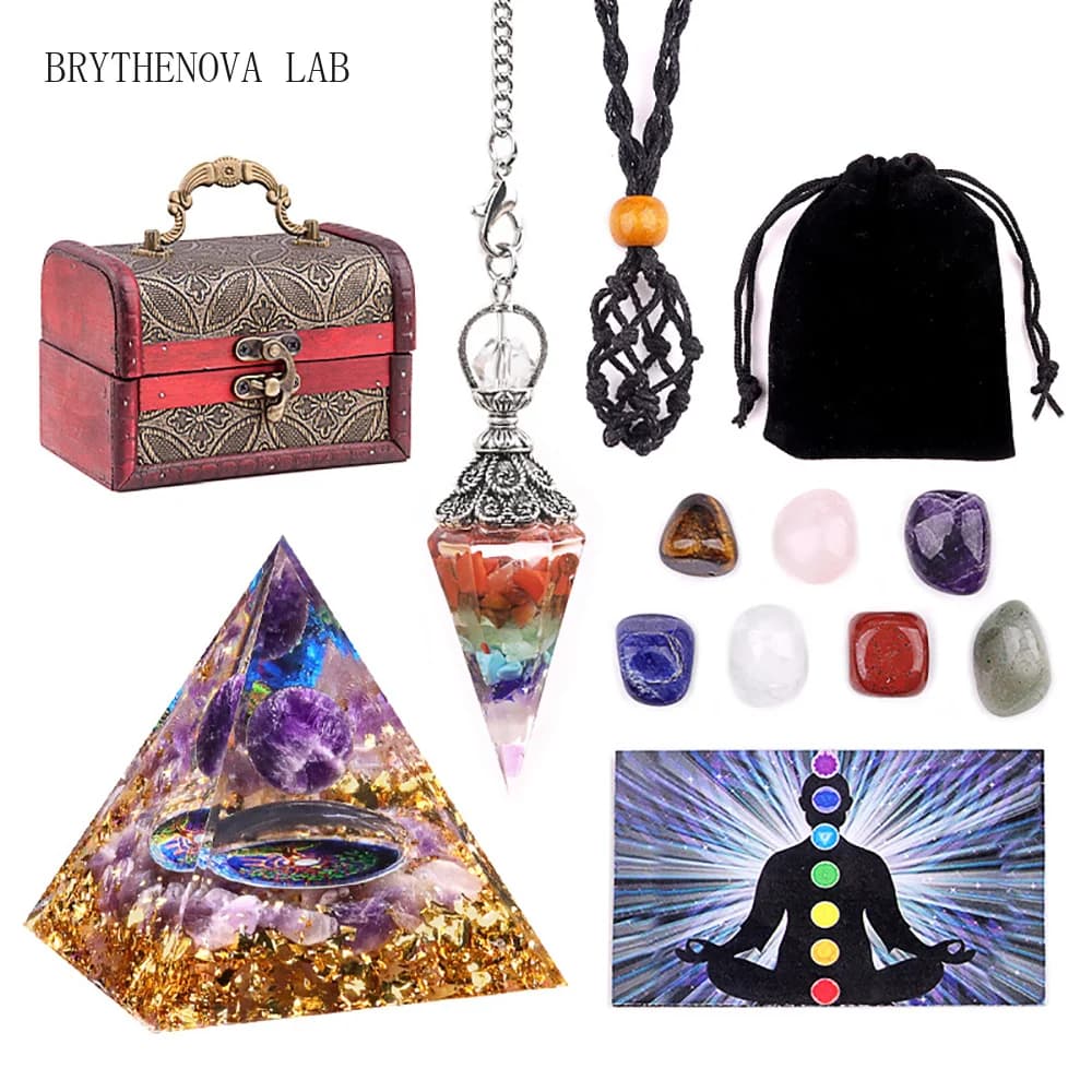 Natural Healing Crystals Kit 7 Chakra Tumbled Stones Resin Pendulum Braided Amethyst Rope Orgone Pyramid Yoga Card Set with Box
