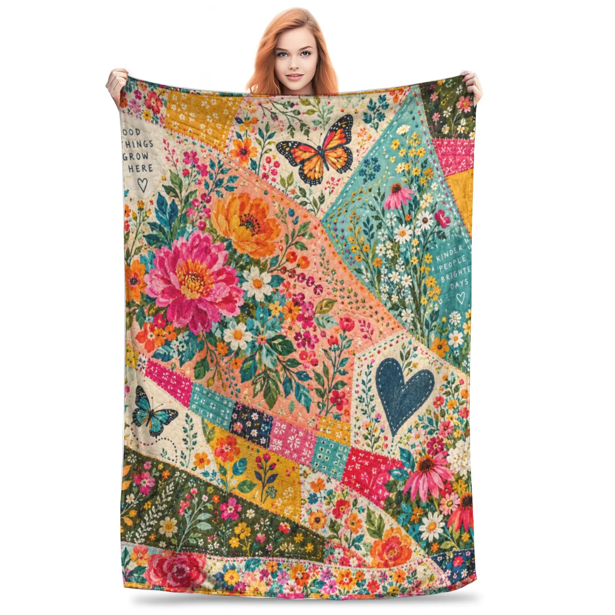 1PC Patchwork Flower Butterfly Quilt Heart Print Cozy Plush Blanket Love Print Blanket Throw Super Cosy Plush Living Room Sofa