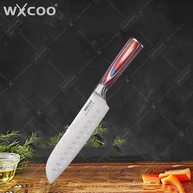 Santoku Knife WXCOO from 7 Inches, Resistant Kitchen Knife for Fruit and Vegetables, in Japanese Steel VG10 with Wood Handle