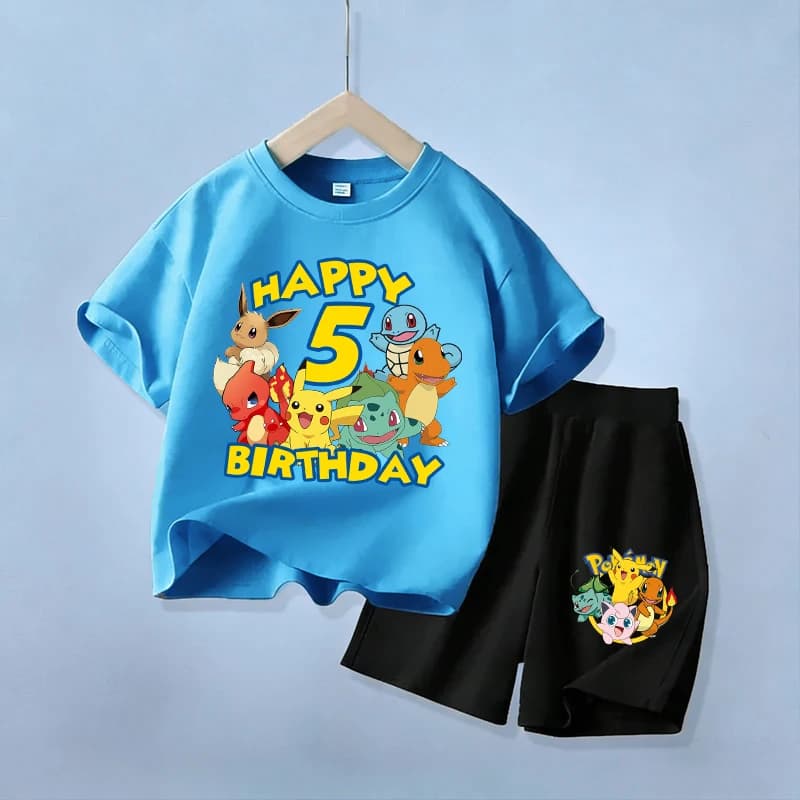 Set di Abbigliamento per Bambini con Pikachu, Maglietta con Numero e Pantaloncini, Tuta Estiva Sportiva per Ragazzi