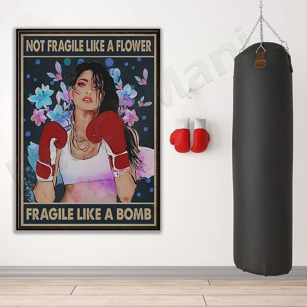 Fragile as a bomb. Vertical poster for boxing girl, boxing gloves, sports gym, female motivational muscle art print