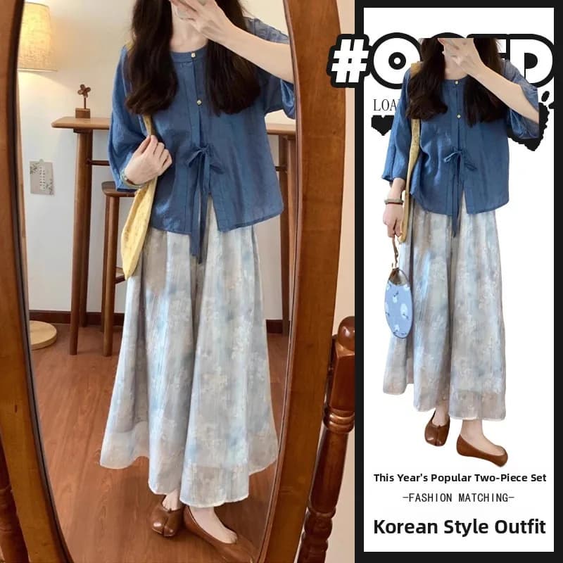 Completo due pezzi con gonna stampata e maglia blu a girocollo, nuovo stile cinese, design di tendenza nazionale, casual, moda estiva, ensemble da donna