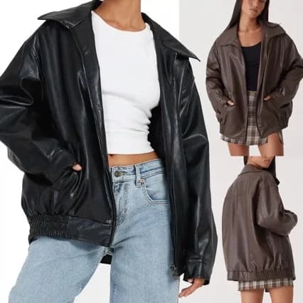 Women's Biker Style Zipper PU Leather Jacket Loose Fit Lapel Coat Elastic Hem Long Sleeve Ultra Short Length Fashionable Wome...
