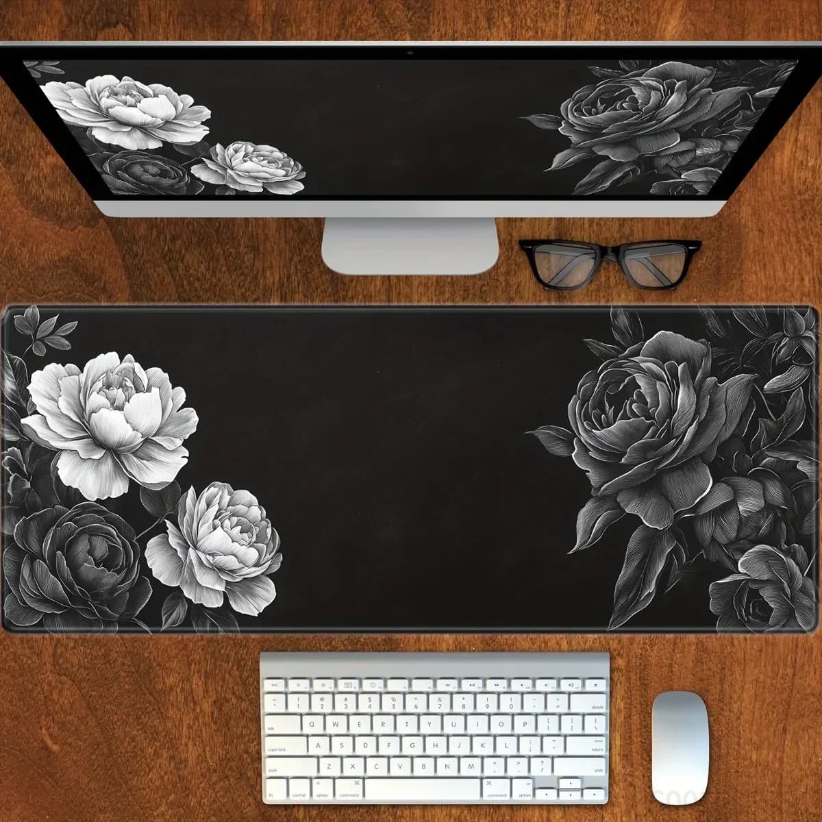 Black Floral Decor Gaming Mouse Pad Premium Washable Non-Slip Rubber Base Desk Mat for Office Home