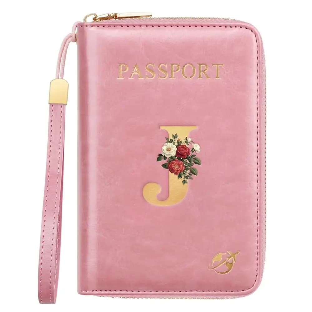 Porta Passaporto Personalizzato con Iniziale e Fiore Rosa, Blocco RFID, Portafoglio da Viaggio per Carte di Credito