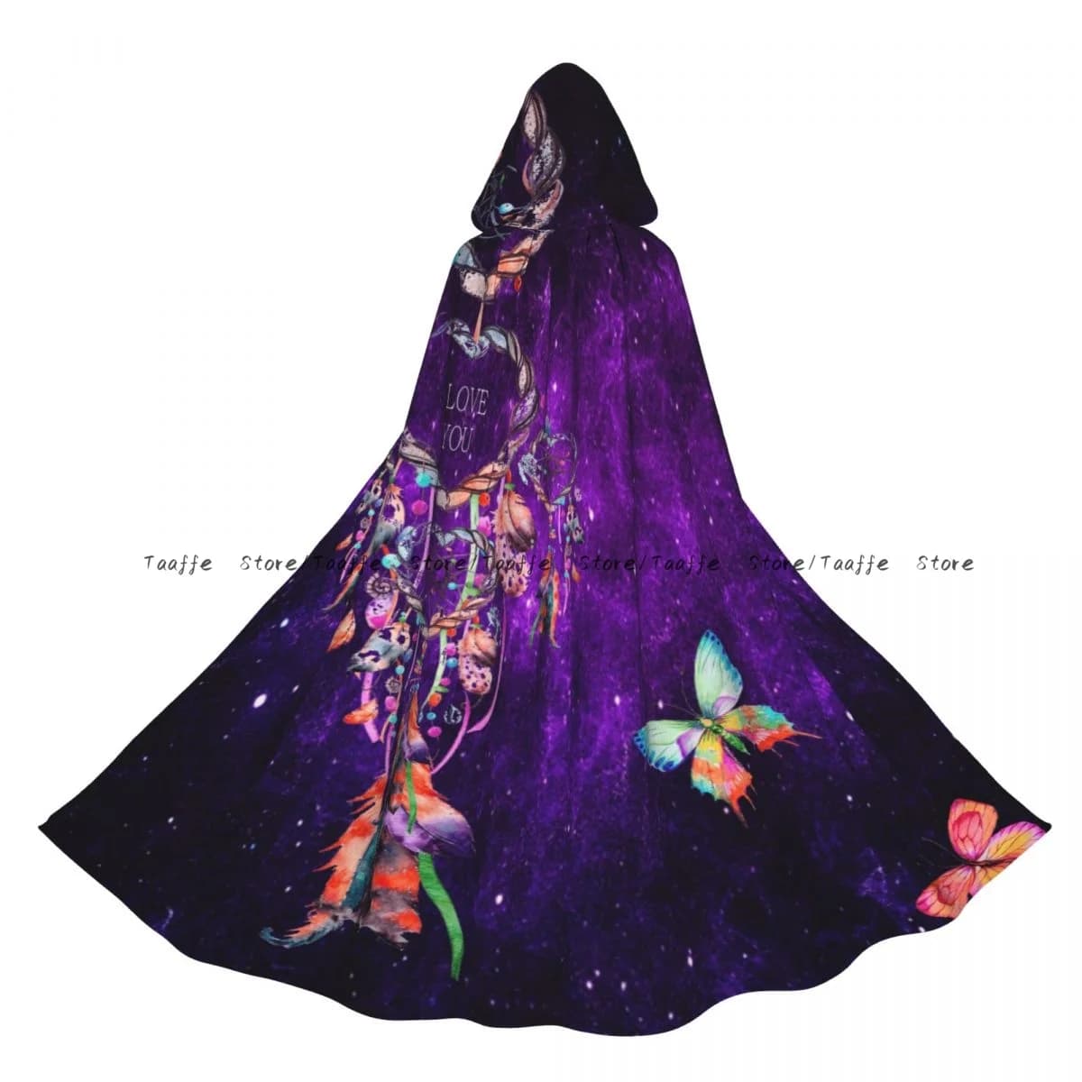 Colorful Dream Catcher With Butterfly And Fancy Neon Witch Cloak Hooded Cosplay Costume Halloween Adult Long Party Cape