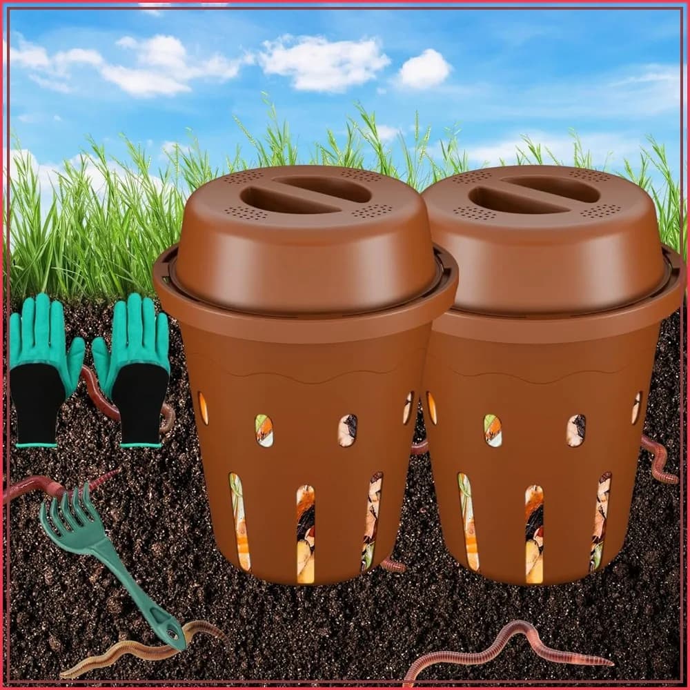 Inground Worm Composter, Mini Underground Worm Farm for Garden Beds, Outdoor Compost Bin for Food Waste, 7x7x7.4Inch, 2-Pack