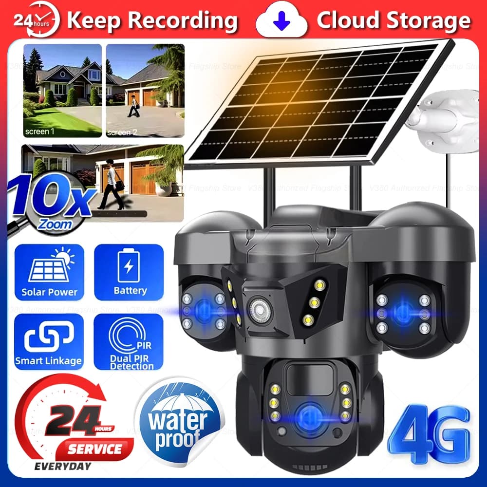 4G Solar Cameras with 3 Objectives, Intelligent Home Security System for Exterior, Waterproof, With 3 Monitor, PIR Surveillance, Automatic Tracking, CCTV Camera
