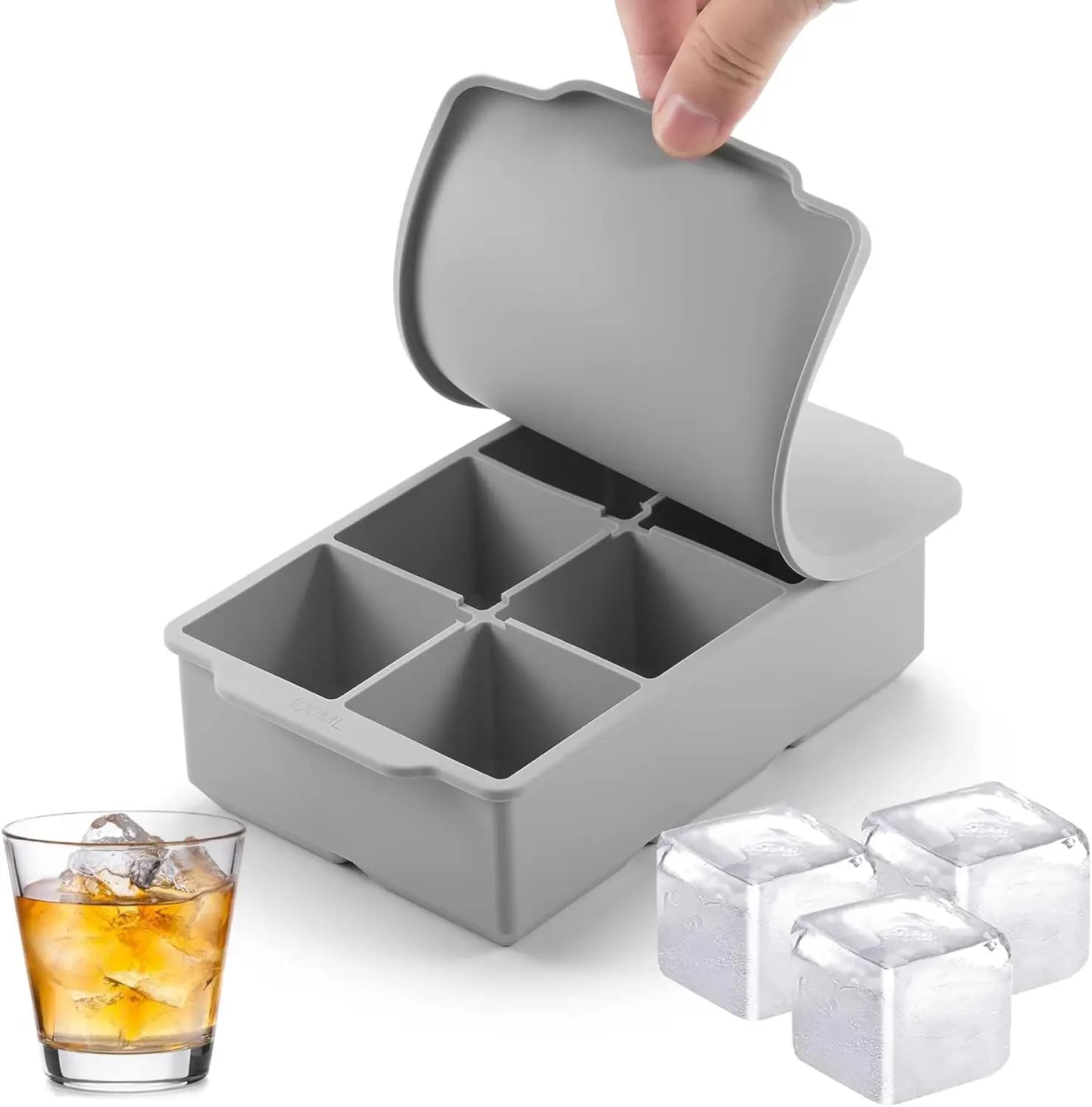 Vassoio per cubetti di ghiaccio in silicone grande con coperchio, 6 stampi quadrati grandi per whisky e cocktail, fusione lenta, senza BPA, facile da rilasciare