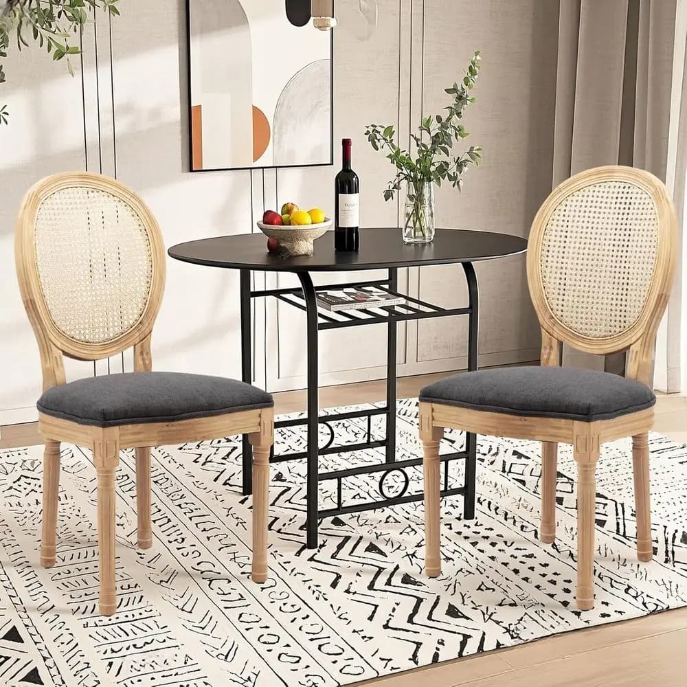 Set di 2 sedie da pranzo in stile country, sedie imbottite con schienale rotondo in rattan, gambe in legno massello, per soggiorno, cucina, ristorante