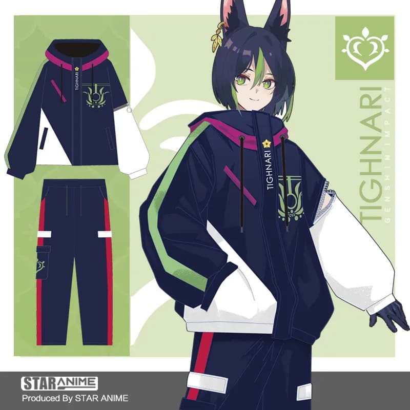 Anime Genshin Impact Tighnari Cosplay Cool cappotto con cappuccio Harajuku felpa Casual molle autunno Unisex giacca allentata pantaloni