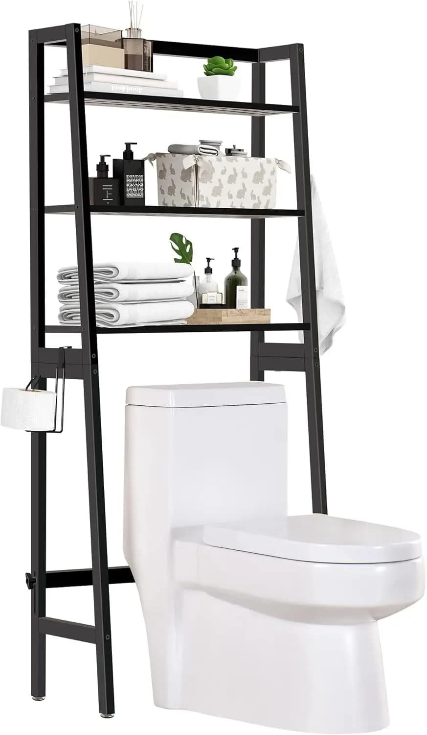 Scaffale a 3 livelli da posizionare sopra il WC, salvaspazio in legno per il bagno con porta carta igienica e ganci, scaffale autoportante sopra il WC (Nero)