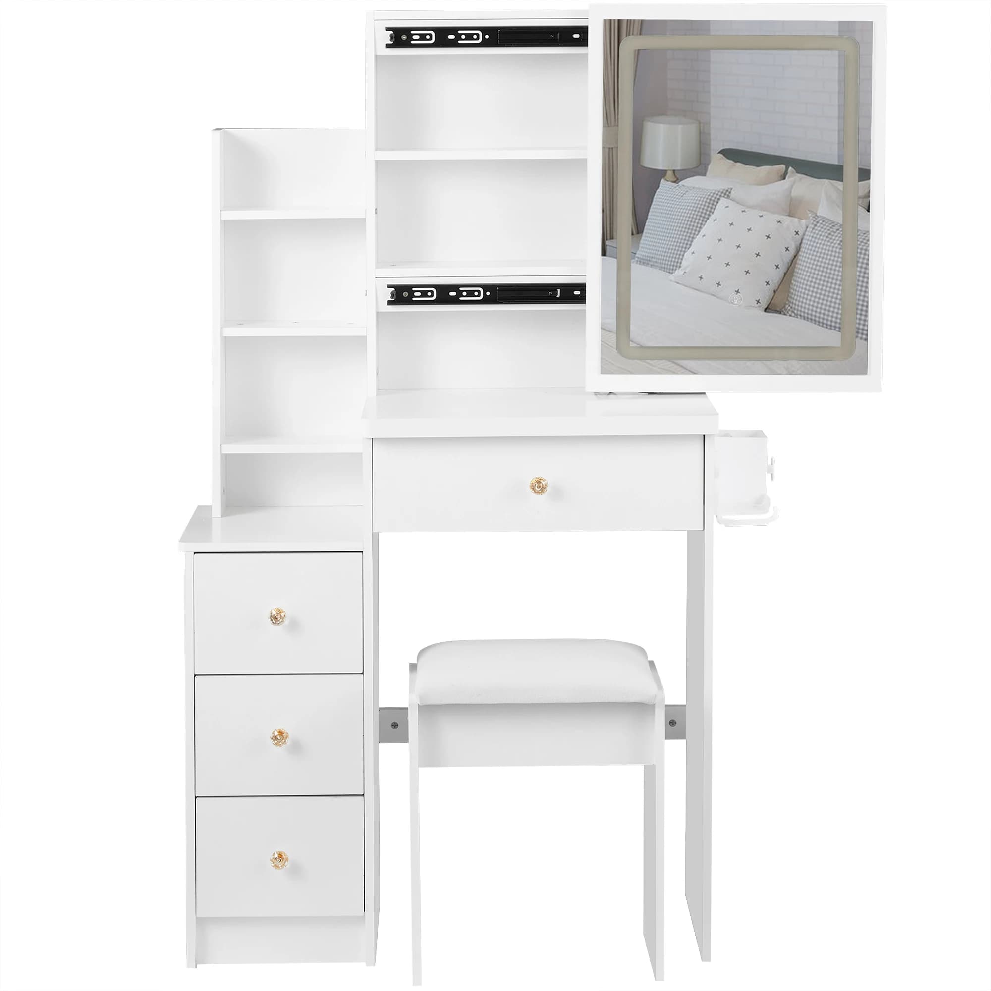 29.2" Small Size Left Bedside Cabinet Vanity Table + Cushioned Stool, 2 AC+2 USB Power Station, Hair dryer bracket, Extra Large Touch Control Sliding LED Mirror, Tri-color Switching, Brightness Adjust