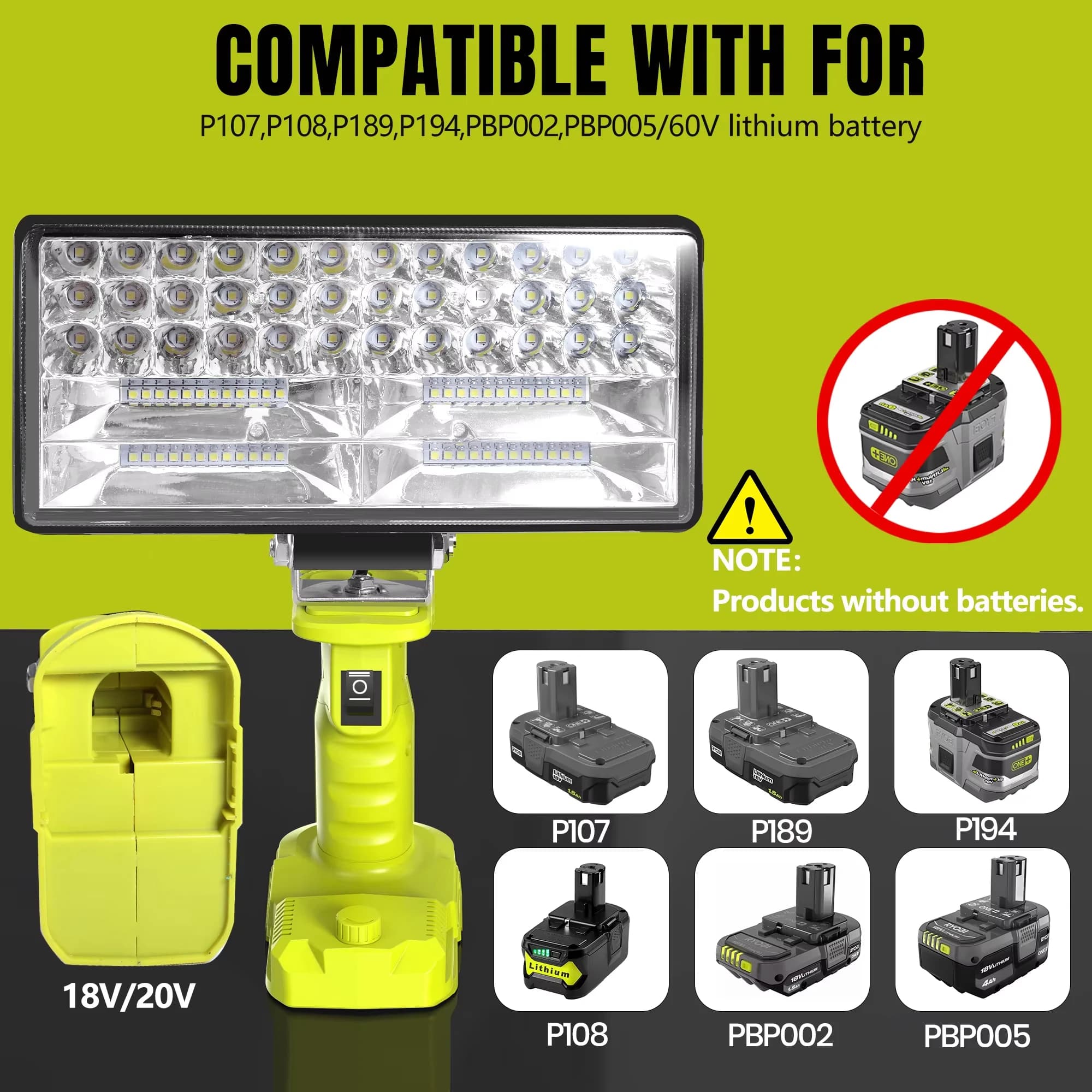 Torcia da lavoro a LED di emergenza esterna 4000LM 35W per Ryobi 18V al litio P108 P104 Nichel One + Batteria USB Type-C Power Bank