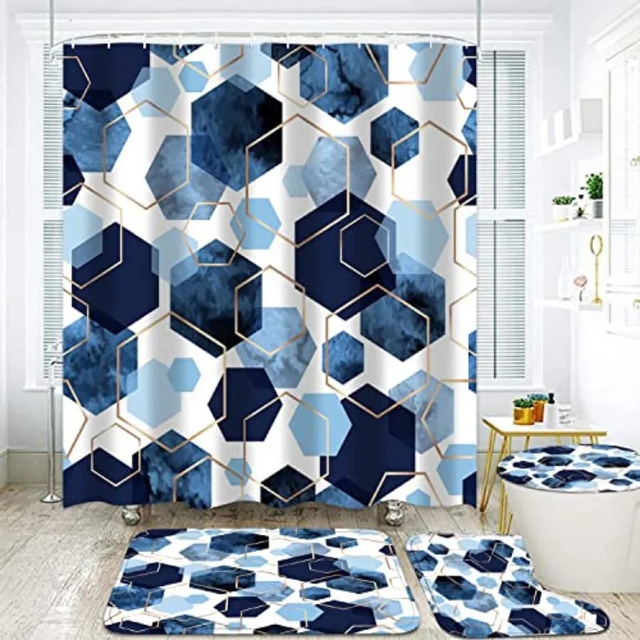 Set da Bagno 4 Pezzi, Tenda Doccia Geometrica Moderna con 12 Ganci, Tappeto da Bagno e Tappetino