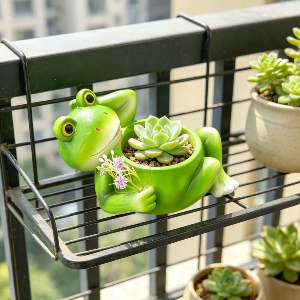 Funny Resin Frog Flower Pot Decorative with Drainage Hole Plant Holder Cartoon Lying Frog Figurine Office