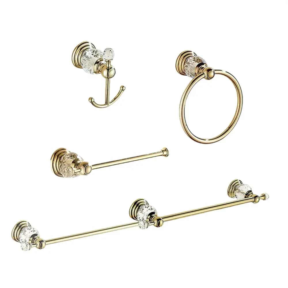 Set di Accessori per Bagno in Ottone Dorato e Cristallo, 4 Pezzi, con Portasciugamani Retrattile e Portarotolo da Parete, Kit Hardware Personalizzabile