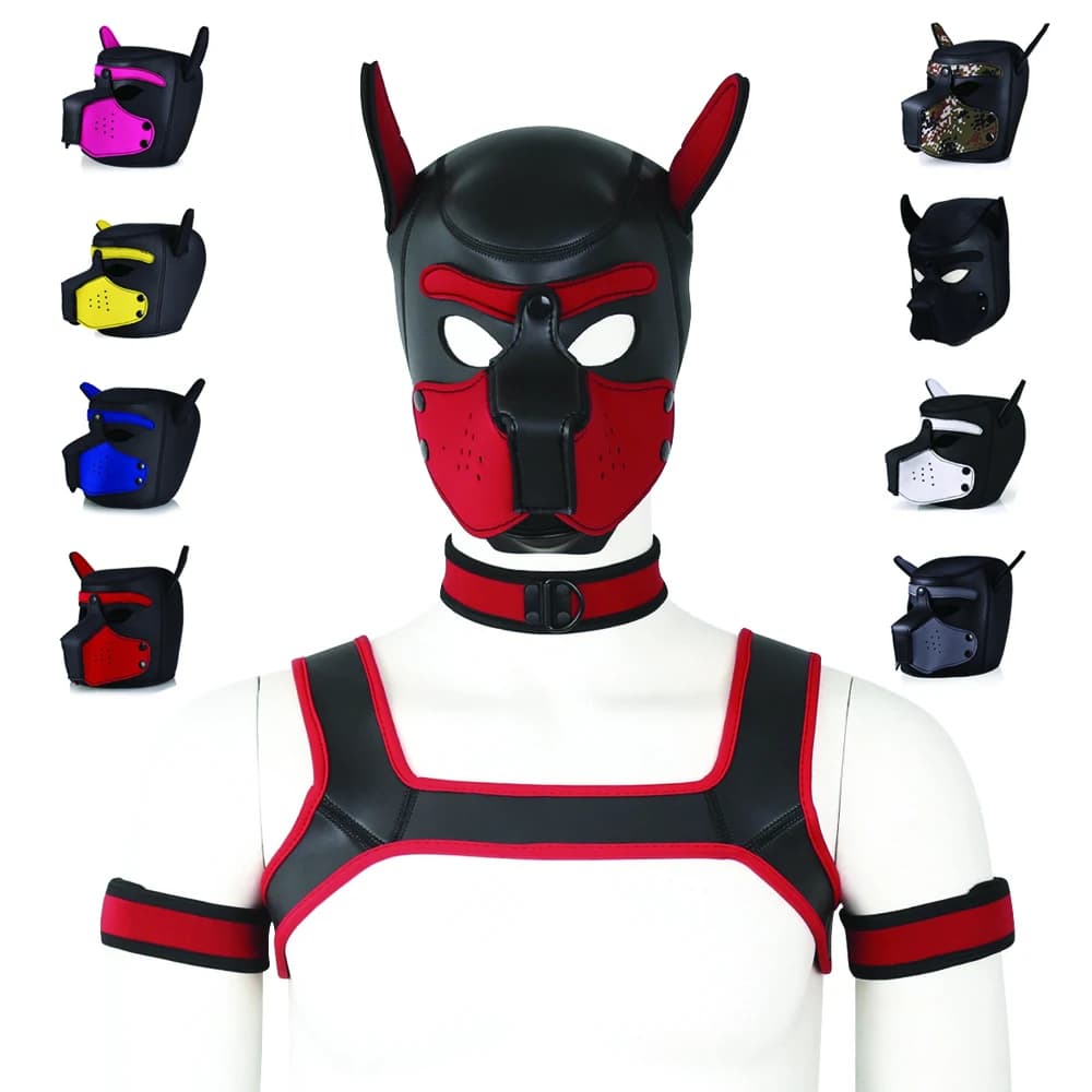 Taglia XL PU Nuovo grande copricapo per cani Full Face Fetish Puppy Maschera cosplay Cappuccio per uomo Donna Halloween Play Party Costumi sexy