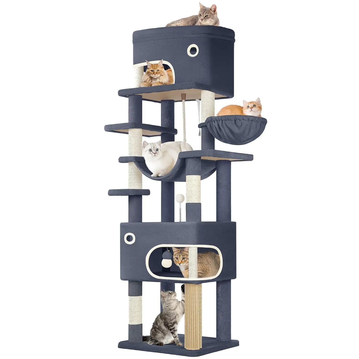 Multi-Layer Cat Tree with 2 Caves, 7 Sisal Posts, Hammock, Basket, Pompoms for Indoor Cats, 79.9", Dark Gray, Customized