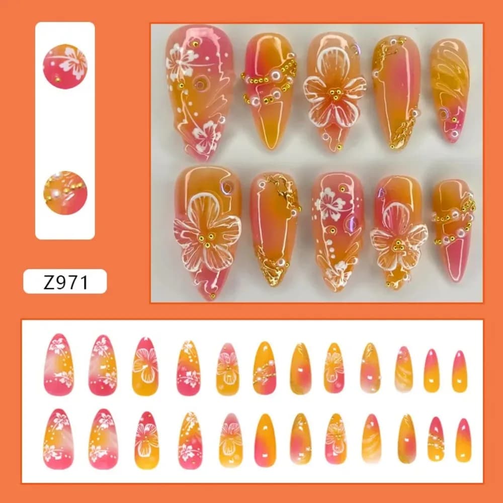 24Pcs Pink Gradient Almond Fake Nails Press on With Pearl Rhinestone Design False Nails Bow Flower Pattern Full Cover Nails Tips