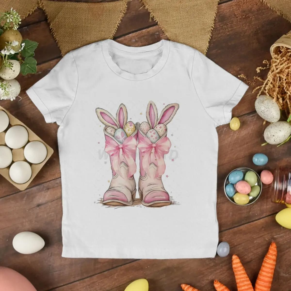 Maglietta per Bambini con Orecchie di Coniglio e Stivali da Cowboy Rosa, T-shirt in Morbido Cotone con Grafica, Regalo di Pasqua per Bambine, Maglietta Carina per Festa di Pasqua
