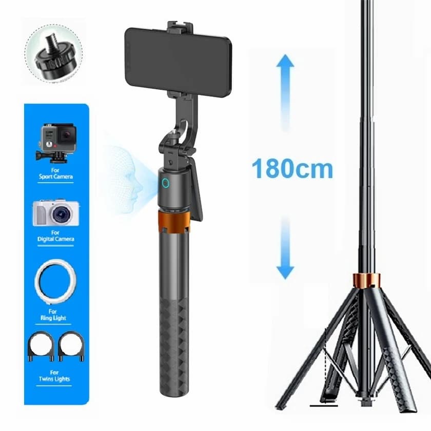 180 cm/70,9 pollici Regolazione dell'altezza intelligente AI Gimbals facciali Supporto per telefono Treppiede Bastone selfie wireless per fotocamera mobile GoPro Photo