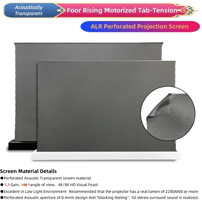 Schermo per proiettore elettrico invisibile da pavimento - Superficie acusticamente trasparente microforata, dimensioni personalizzate da 72"-150".