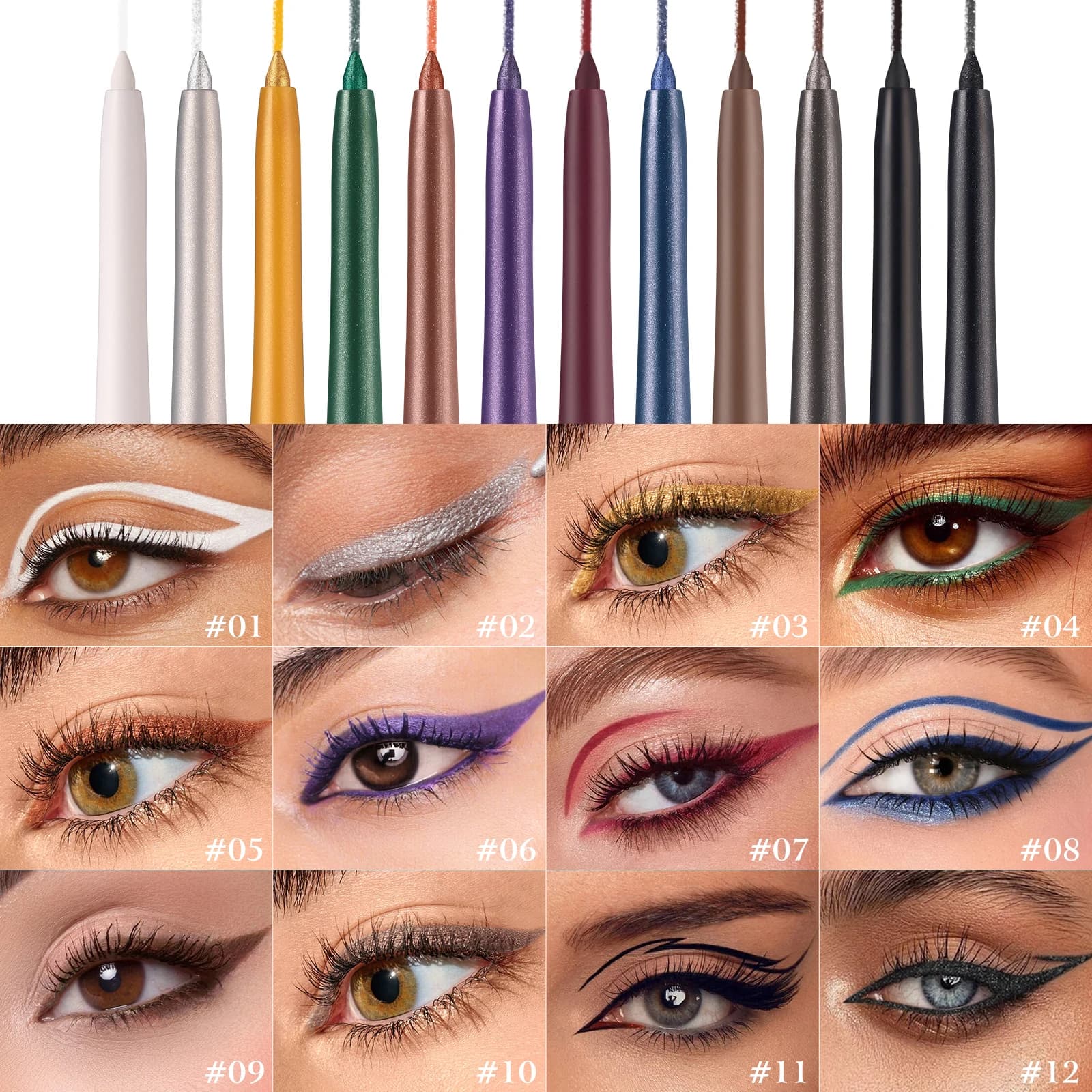 12-piece waterproof and sweat resistant eyeliner pencil set, durable, easy to color, quick drying, perfect eye makeup