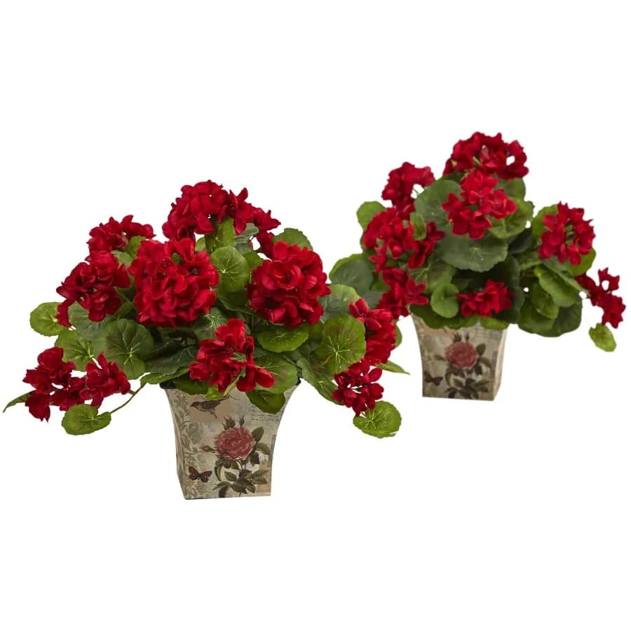 11" Geranium Flowering Artificial Plant with Floral Planter Set of 2 Red