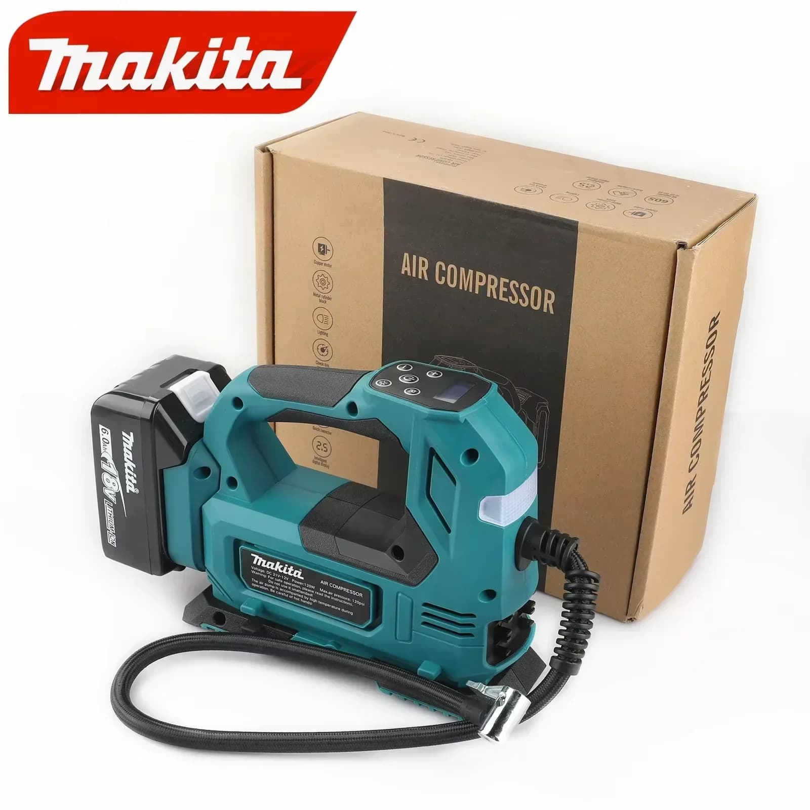 Makita DYS60 Gonfiatore Automatico Senza Fili, Pompa Elettrica Portatile per Pneumatici Auto, Compressore d'Aria Compatibile con Batteria Makita 18V