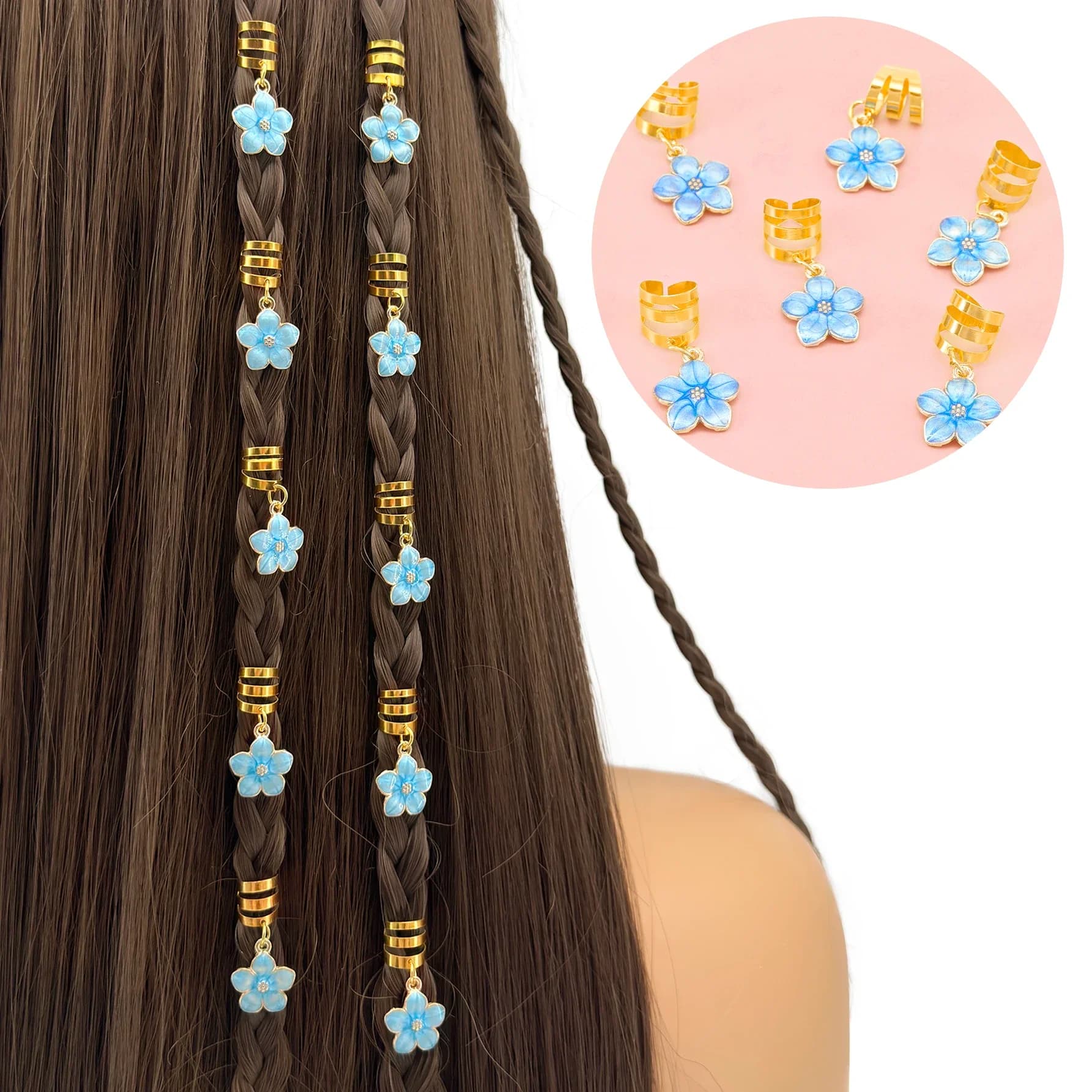 6 pezzi Decorazione floreale Clip per capelli Dreadlocks estivi Perline Treccia per capelli Anelli Clip Dread Locks Intrecciatura dei capelli Polsini in metallo Decorazione