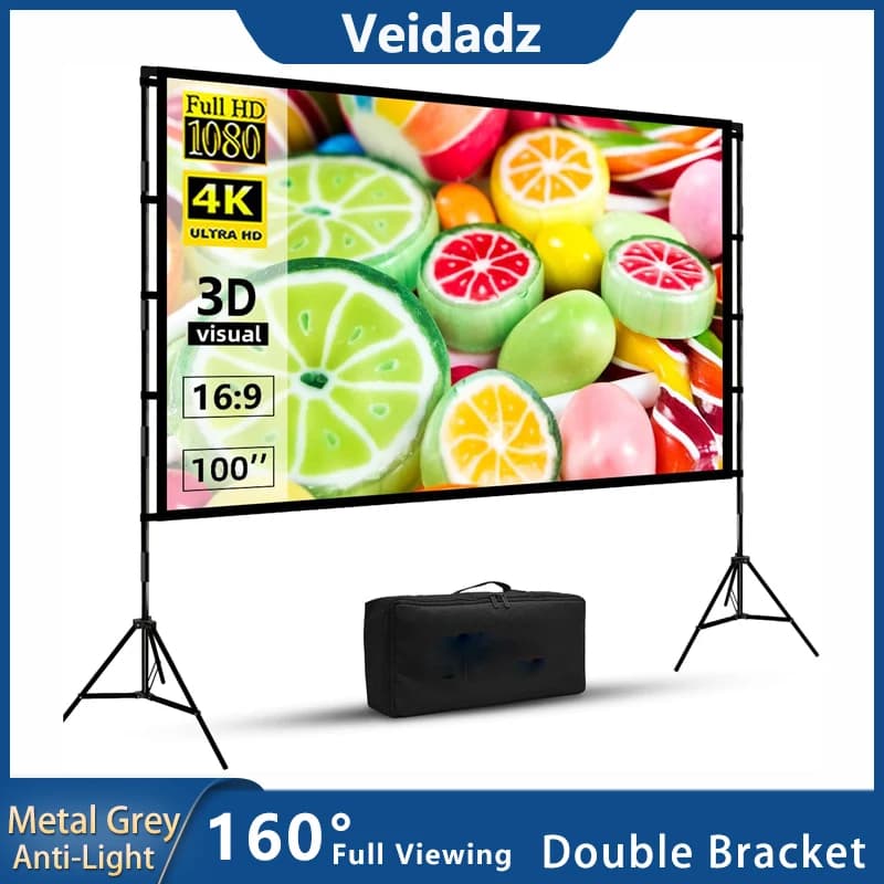 Schermo del proiettore VEIDADZ con supporto in metallo grigio Anti-luce 16:9 84 100 120 pollici con borsa per il trasporto per l'home Theater Indoor Outdoor