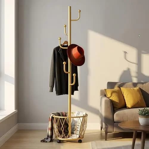 Appendiabiti moderno autoportante in metallo color oro con cestello in filo metallico per giacche, cappelli, sciarpe e borse – Mobile, stabile