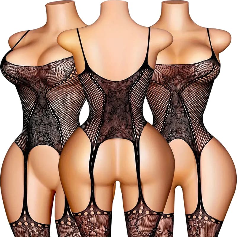 Body erotico nero sexy in rete traforata, con scollo basso, stile babydoll, senza cavallo, per donna