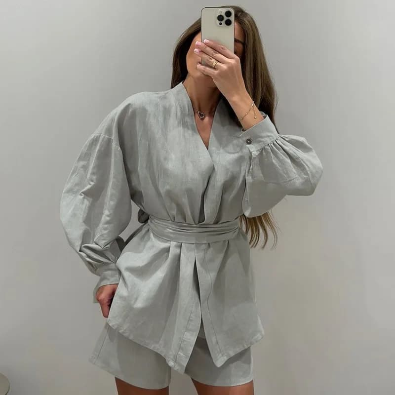 Set Pigiama da Donna in Puro Cotone, Cardigan a Maniche Lunghe e Pantaloncini, Abbigliamento Comodo e Casual per l'Autunno, Taglia L, 2 Pezzi