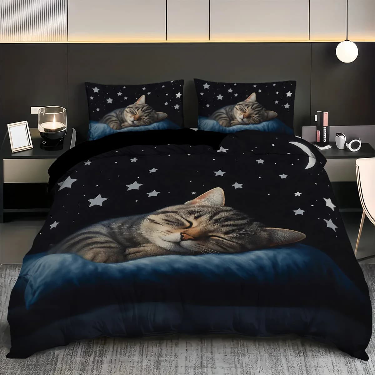 Black Sleeping Cat 3D Printed Bedding Set Comfortable Duvet Cover Set King Queen Twin Single Size Birthday Gift Bedroom Decor