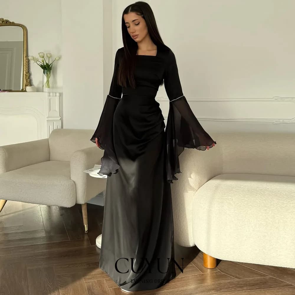 CUYUN Abiti da ballo lunghi con maniche svasate nere Colletto quadrato Personalizzato Abiti da sera eleganti sauditi Dubai Abito da banchetto formale