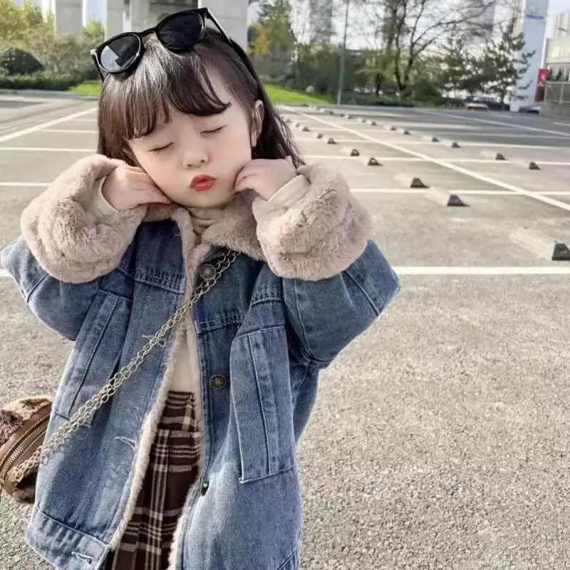 Set di cappotti casual Kawaii Moda Abbigliamento per bambini Giacca di jeans stile coreano per bambini 2025 Inverno Nuove ragazze Risvolto per bambini medio lungo