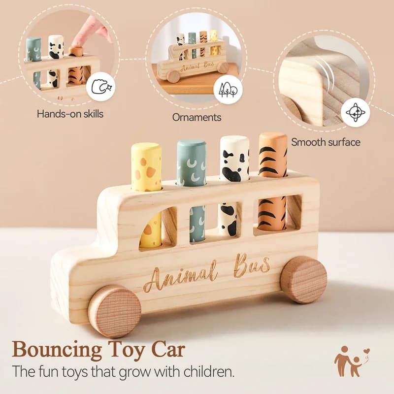 Creative Wooden Bounce Building Block Car Interactive Finger Strengthening Educational Toy Vehicle Developmental Play Toy