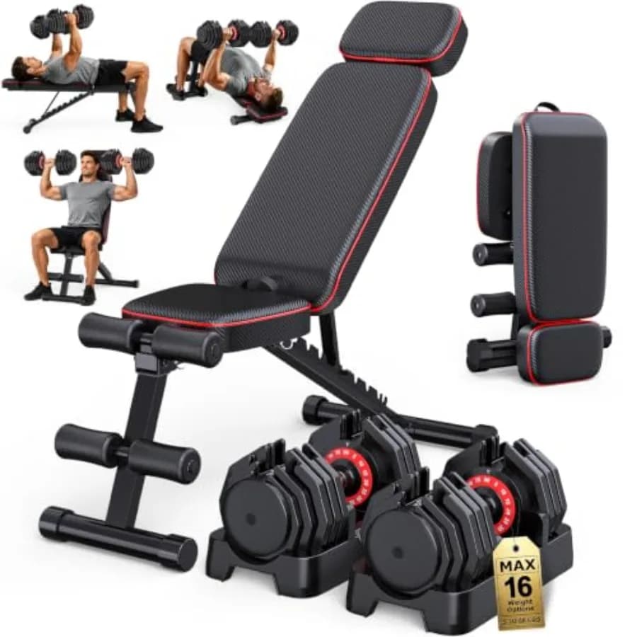 Home workout bench with adjustable dumbbell set: steel construction, black finish, space-saving foldable design