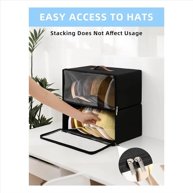 A84E-Front-Opening Hat Organizer(2 Pack) For Baseball Caps- Rigid Stackable Storage Box With Clear Window