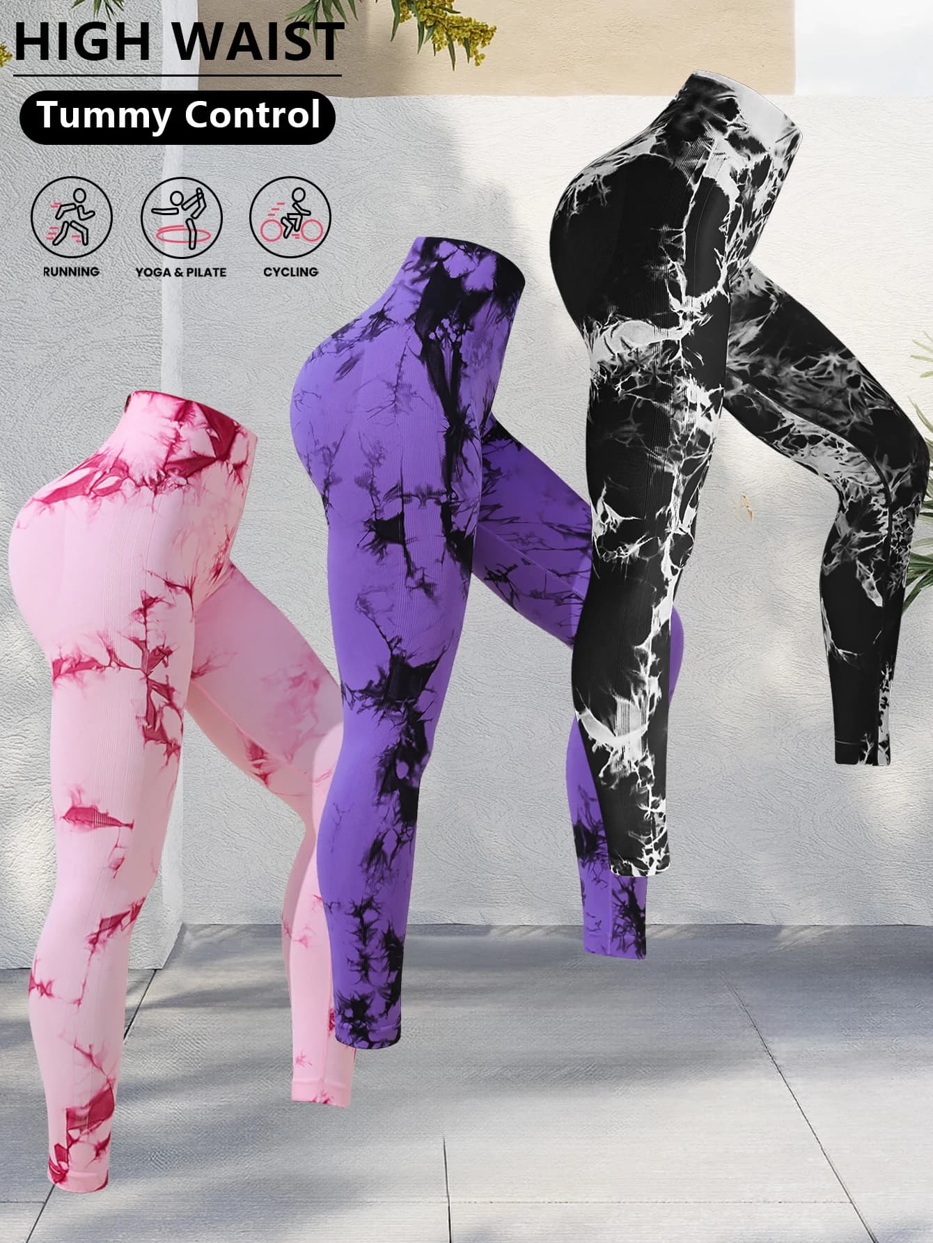 Confezione da 3 pantaloni da yoga per il controllo della pancia a vita alta da donna, leggings fitness tie-dye estivi, attillati da allenamento elasticizzati per il sollevamento della pesca