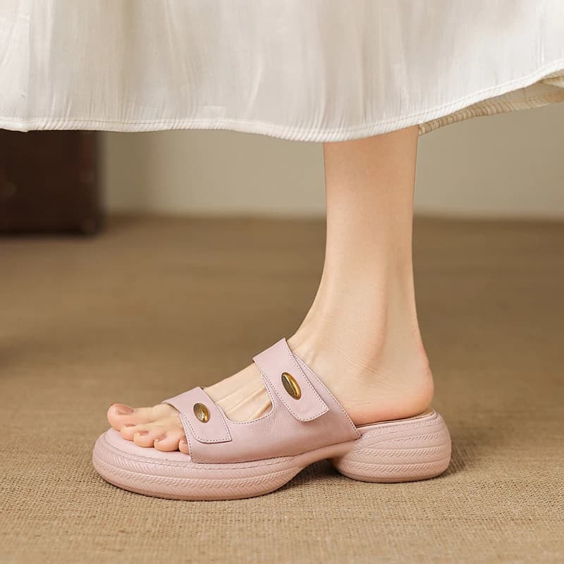 Sandali piatti con plateau in pelle di vacchetta, estivi, con tacco grosso e punta aperta, da donna, con cinturini in velcro, eleganti e casual, con tacco alto