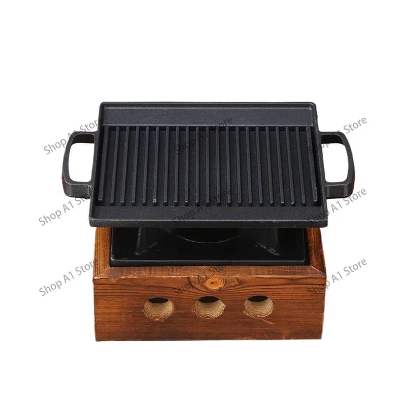 Japanese Mini Non‑Stick BBQ Grill Plate, Vertical Strip Roasting Tray, Charcoal Alcohol Heated Single‑Person Barbecue Pan