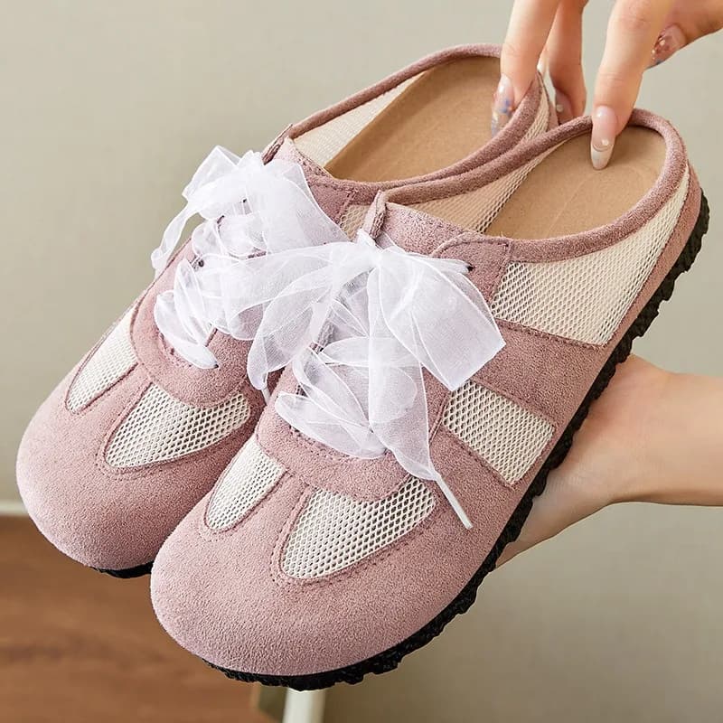 Ciabatte da donna estive Tessuto traspirante Mesh Scarpe casual Nastro Stringate Scarpe slip-on Comode punta tonda Suola morbida Scarpe da passeggio