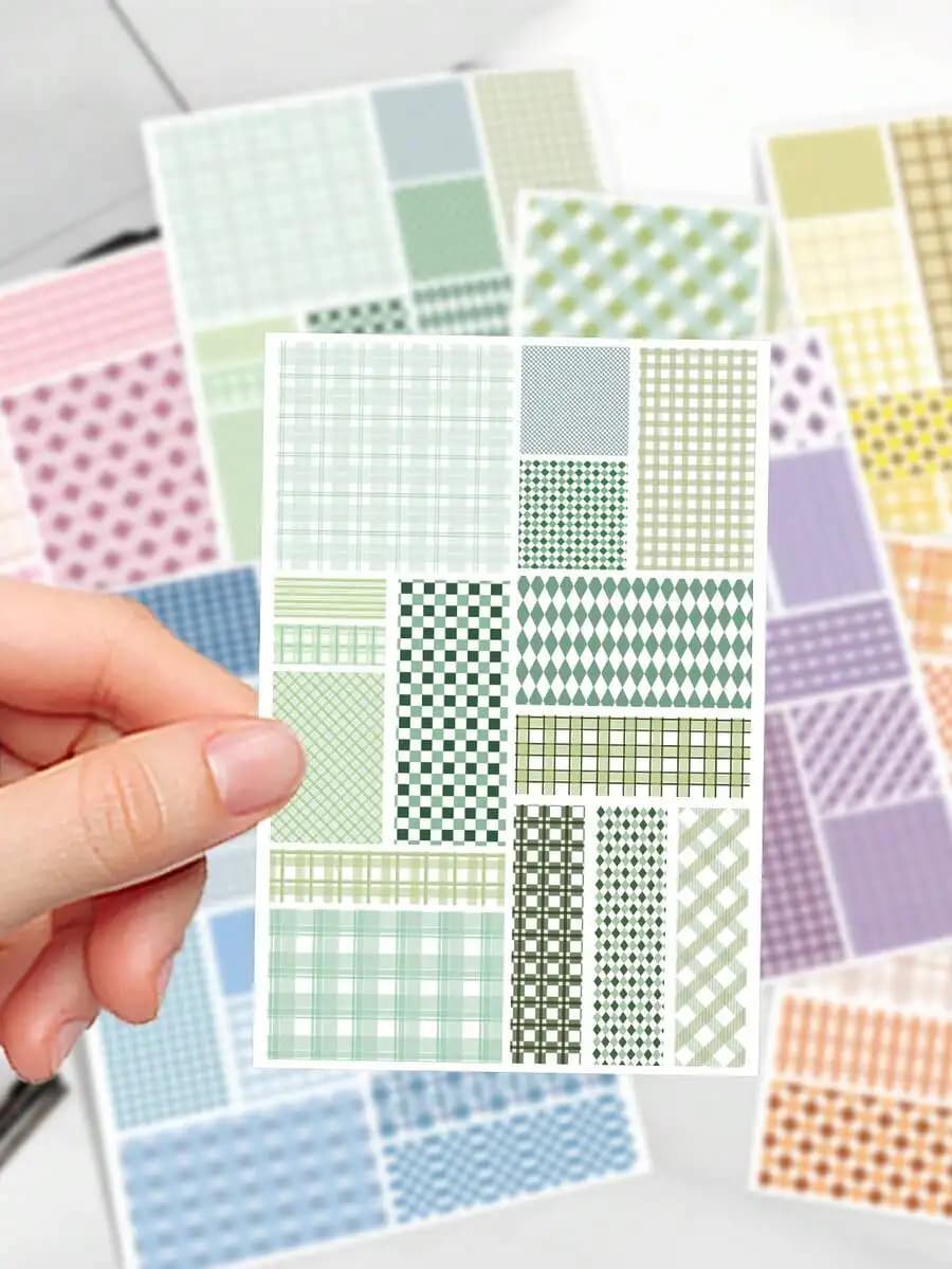 8pcs Green Plaid And Geometric Pattern Stickers For Laptop Phone Notebook Planner Decor