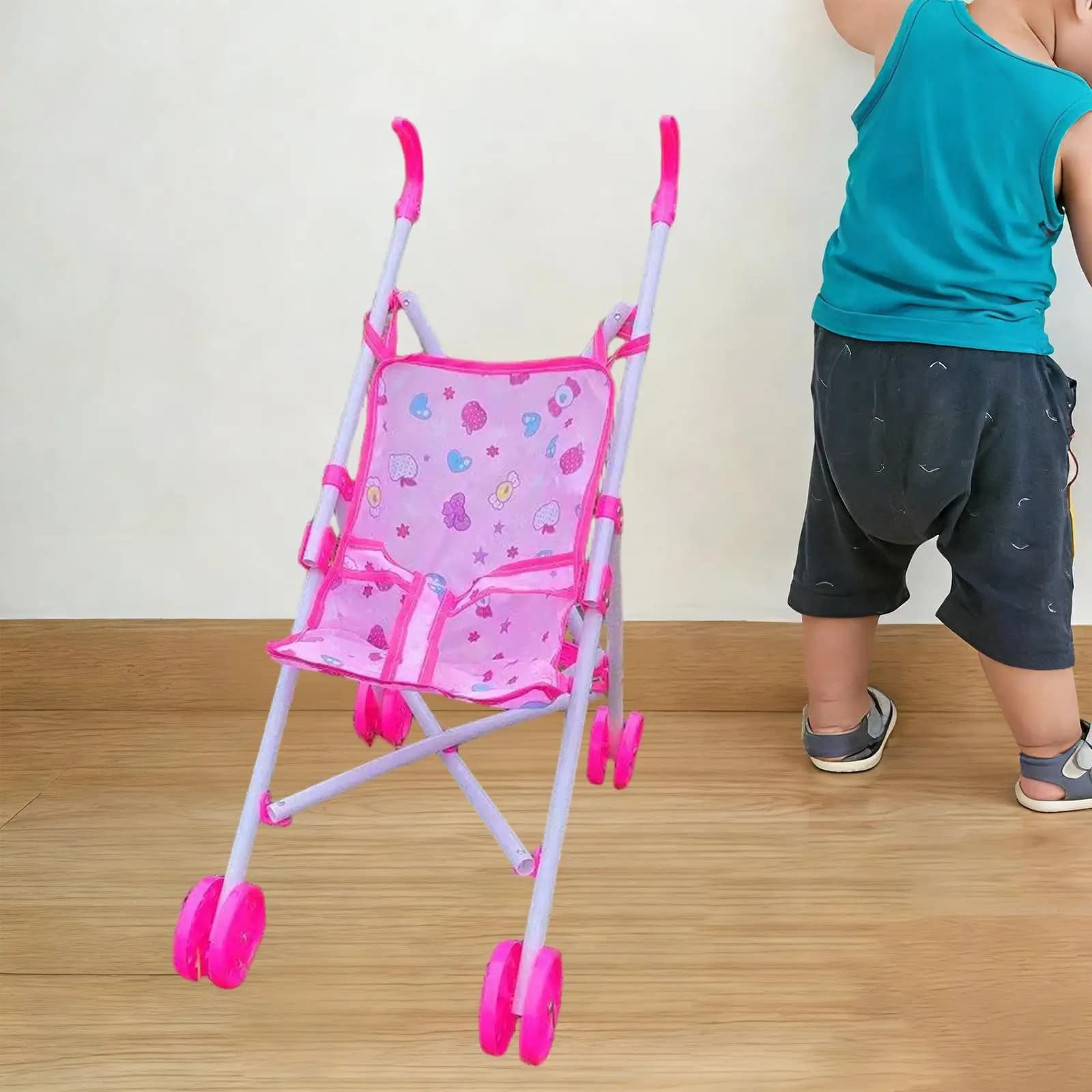 Passeggino Pieghevole Interattivo per Bambole, Carrello Portabambola per Bambini