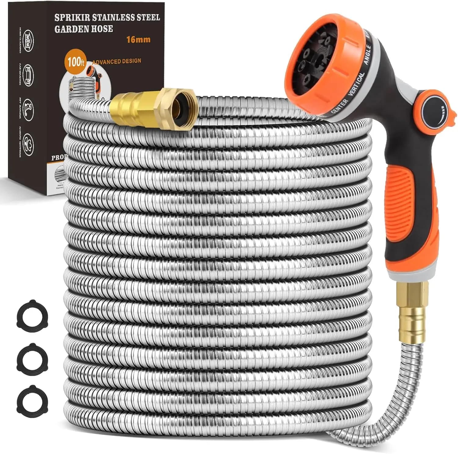 30 Meters Stainless Steel Garden Tube with 10 Functions Ugello, Resistant and Flexible for Garden, Lawn, Patio